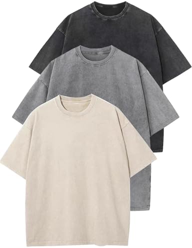 Flygo 3 Pack Men Oversized T Shirts Acid Washed Unisex Tee Loose Fit Short Sleeve Casual Streetwear Baggy Basic Tops