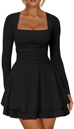 Kaximil Women's Square Neck Ruffle Hem Mini Dress Ruched Waist Long Sleeve Corset Short Party Dresses