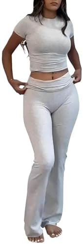 AYWA Women's 2 Piece Lounge Sets Short Sleeve Crop Top Foldover Flare Pants Casual Pajama Outfits