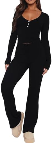 REVETRO Lounge Sets For Women Sexy V Neck Pajama Set Long Sleeve Shirts 2 Piece PJ Set Y2k Workout Sets For GYM