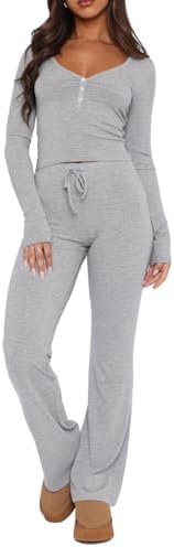 Ezbelle Women's Lounge Sets 2 Piece Outfits Long Sleeve Crop Button Down V Neck Shirt Knit Pajama Pant Fall Clothes
