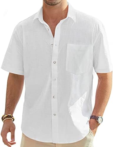 J.VER Men's Cotton Linen Short Sleeve Shirts Casual Lightweight Button Down Shirts Vacation Beach Summer Tops with Pocket