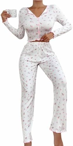 Hilinker Womens Cute Long Sleeve Pajama Set Ribbed Top and Pants Sleepwear 2 Piece Pjs