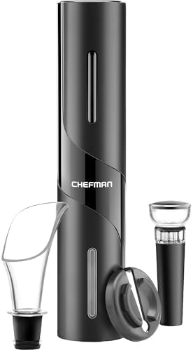 Chefman Electric Wine Opener Makes Opening Bottles Fast, Foolproof, And Fun! Black, Battery-Operated 4-Piece Corkscrew Set Comes With A Foil Cutter, Pourer, And Vacuum Stopper