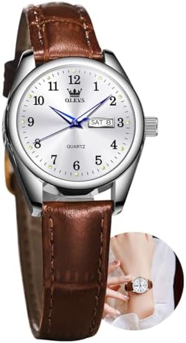 OLEVS Womens Leather Watch, Brown Womens Watches Leather Band Waterproof Analog Dainty Womens Ladies Watch for Small Wrists, Easy Read Luxury Dress Watches for Women Arabic Numbers White/Blue/Black