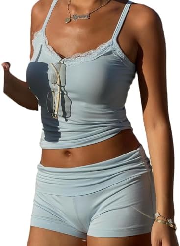 XBTCLXEBCO Women Sexy 2 Piece Pajama Set Sleeveless Lace Trim Crop Cami Top and Shorts Pj Set Y2K Sleepwear Lounge Outfits