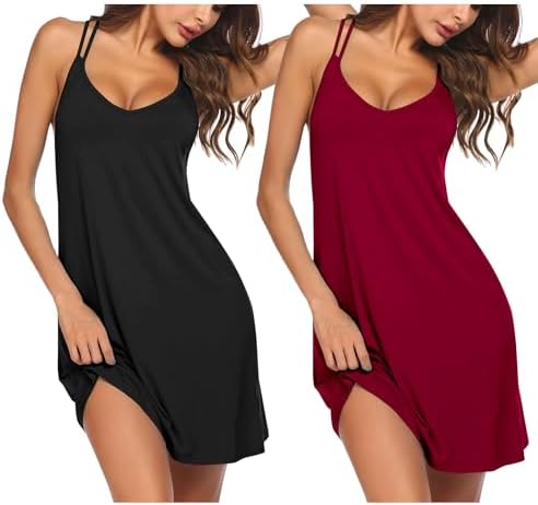 Ekouaer 2 Pack Nightgowns for Women Racerback Sleeveless Night Shirt Sexy Sleep Dress Spaghetti Strap Sleepwear S-XXXL