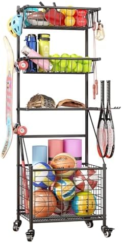 Sports Garage Equipment Organizer Storage Ball Rolling Cart with Basket and Hooks Lockable for Playgroup Gym and Schools Black
