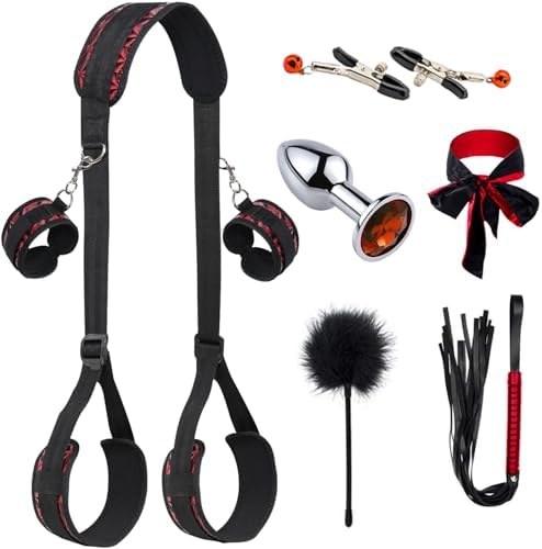 Sex Bondage Restraints BDSM Kit, 8 Pcs Sex Toys with Handcuffs, SM Whip, Eye Mask, SM Ticklers, Nipple Clamps, Anal Plug, Adjustable Leg Thigh Straps for Women Couples
