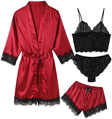 Women's Pajama Satin Sexy Lingerie Robe Set 4Pcs Pjs Silk Sleepwear Lace Cami Shorts Loungewear