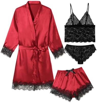 Womens Lingeries Silk Pajamas Robes Set 4 Pcs Sexy Pjs Cami Shorts Satin Sleepwear Lace Loungewear