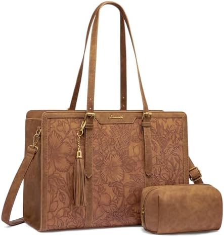 LOVEVOOK Laptop Bag for Women Vintage Leather Laptop Tote 15.6 inch Large Capacity Computer bag with Clutch Purse for Work