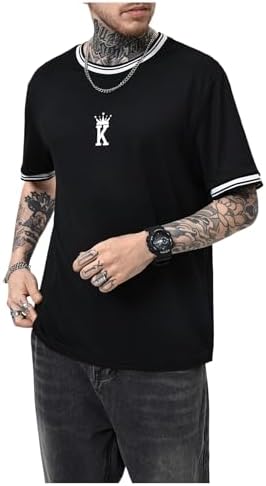SOLY HUX Men's Crown Letter Print Striped Trim Tee Tops Short Sleeve Crew Neck Summer T Shirt