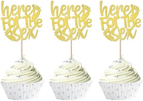 24 Pack Here for the Sex Cupcake Toppers Glitter Gender Reveal Cupcake Picks Baby Shower Kids Birthday Party Cake Decorations Party Supplies Gold