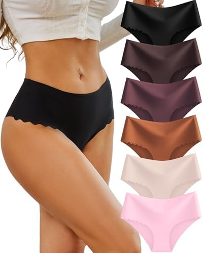 Sth Big High Waisted Seamless Underwear for Women No Show Panties Cheeky Scalloped Edge Bikini Breathable Briefs 6 Pack