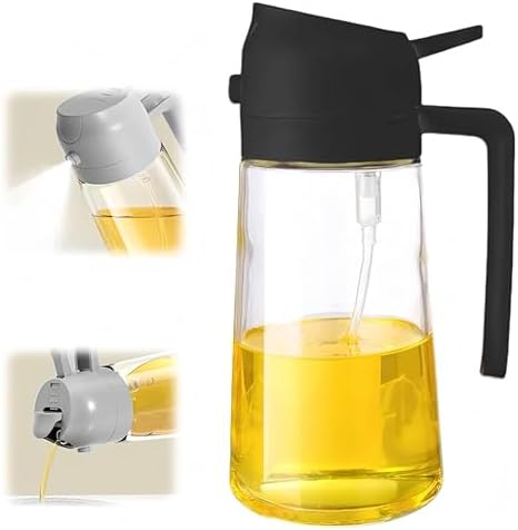 2 in 1 Olive Oil Dispenser Bottle for Kitchen,Oil Sprayer for Cooking, 1.56oz/470ml Premium Glass Oil Bottle, Food-grade Oil Mister for Air Fryer, Salad, Frying, BBQ (Black)