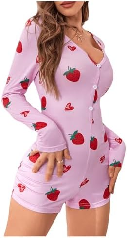 WDIRARA Women's Cute Strawberry Graphic Romper Pajama V Neck Long Sleeve Button Front Shorts Onesie Bodycon Overal Sleepwear