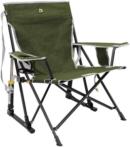 GCI Outdoor Kickback Rocker Camping Chair | Portable Folding Rocking Chair with Durable Armrests, Drink Holder & Relaxed Lowered Seat for Comfort — Loden Green
