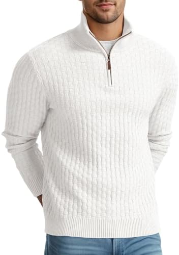 Askdeer Men's Quarter Zip Sweater Waffle Knit Sweater Mock Neck Polo Sweater Casual Pullover Sweater with Ribbing Edge