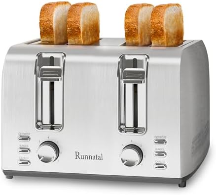 Runnatal 4 Slice Toaster, Full Stainless Steel, Extra-Wide Slot Toaster with 7 Shade Settings and 3 Mode, Defrost, BAGEL, Cancel Functions, Easy to Operate and Clean 120V 1600W Silver Metallic