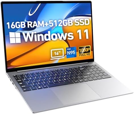 2025 Latest 16'' Full HD Laptop Computer Windows 11, 16GB RAM 512GB PCIe SSD, 12th Gen Intel N95 Processor(Max 3.4GHz), Work Laptop with Backlit KB, Type-C, HDMI, BT, WiFi, Webcam (Silver)