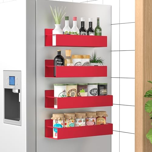4 Pack Magnetic Spice Storage Rack Organizer for Refrigerator and Oven, Red Fridge Organizers and Storage