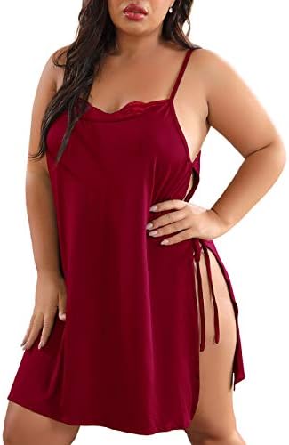 XAKALAKA Women Plus Size Lace Babydoll Lingerie Side Slit Strappy Chemise Sleepwear