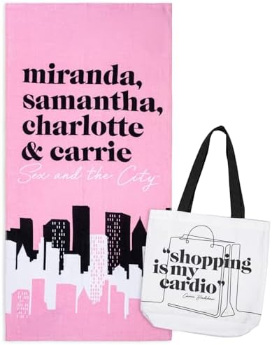 Jay Franco Sex and The City Beach Tote Bag and Towel Set - Canvas Shoulder Handbag Measures 16 x 14 Inches Double Straps with Super Soft and Absorbent 28 x 58 Inch Beach Towel