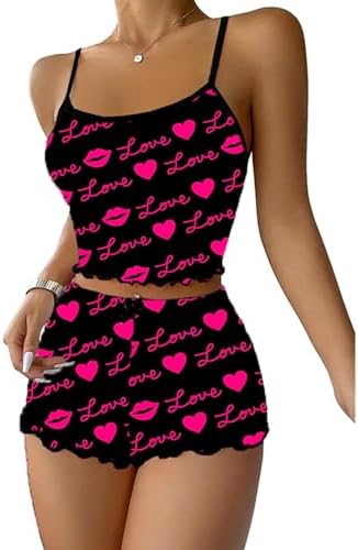 Women Valentine Pajamas Set Hearts/Lips Print Camisole Matching Shorts Set 2 Piece Loungewear Sleepwear