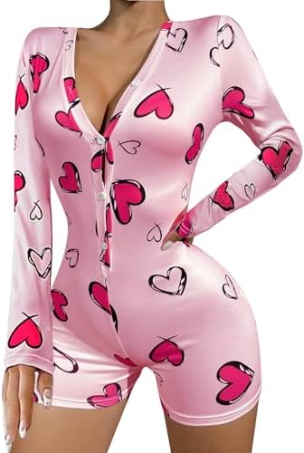 WDIRARA Women's Heart Print Romper V Neck Long Sleeve Button Front Shorts Sexy Onesie Pajama Bodycon Overall