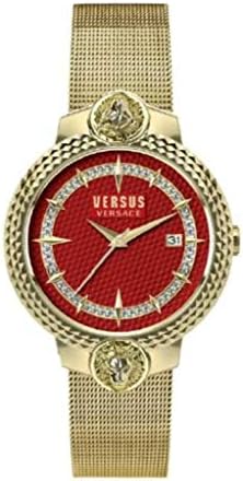 Versus Versace Mouffetard Collection Luxury Womens Watch Timepiece with a Gold Bracelet Featuring a Gold Case and Red Dial