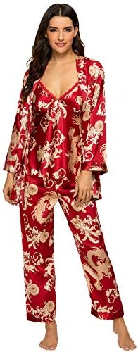 Escalier Women's Silk Satin Pajamas Set 3 Pcs Floral Silky Pj Sets Sleepwear Cami Nightwear with Robe and Pant