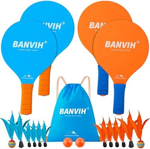 Banvih Badminton Set 4 Rackets, Great Gifts Easter Basket Stuffers for Kids Teens Adults and Family, Paddle Ball Outdoor Games Sports Toys, Beach, Yard, Lawn, Camping Games Essentials