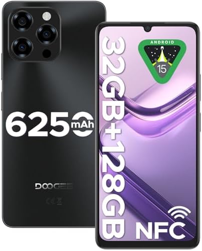 DOOGEE Note 58 Android 15 Unlocked Cellphone,32GB+128GB/2TB Expand Cell Phone with 6.75" HD+ Waterdrop Screen, 6250mAh Battery,4G Dual SIM Unlocked Smartphones, Widevine L1/NFC/OTG/Face Unlock, Black