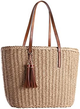 YXILEE Straw Bags For Women | M Size Travel Straw Totes Bag Woven Summer Handmade Shoulder Bag Handbag