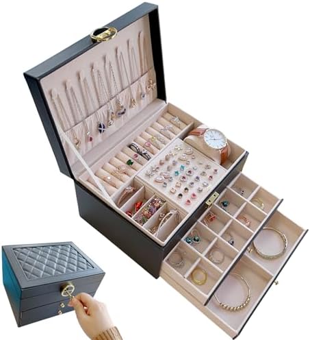 Jewelry Box for Women Girl Wife 3 Layers Large PU Leather Jewelry Organizer Storage Case with Two drawers Display for Earrings Bracelets Rings Watches