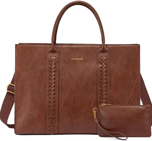 LOVEVOOK Laptop Tote Bag for Women, Vintage Leather Work Bags Teacher Laptop Bag With Cup Holder, Waterproof Computer Bag Purse, Professional Briefcase Office Shoulder Bag Handbag, 15.6 Inch, Brown
