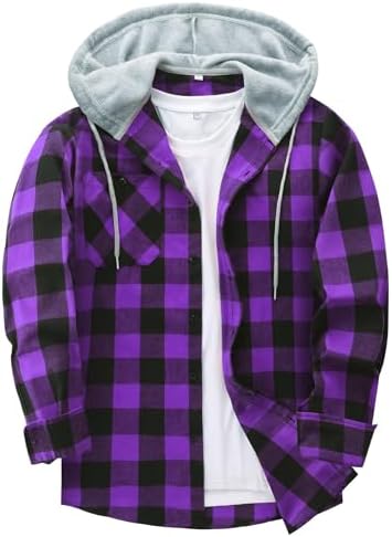 ZITY Men's Flannel Hoodie Shirts Casual Button Down Plaid Shirt Jackets for Men Long Sleeve Stylish Hooded with Pocket