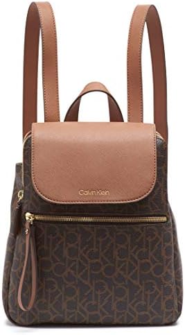 Calvin Klein Women's Elaine Signature Key Item Flap Backpack, Brown/Khaki/Luggage Saffiano, One Size