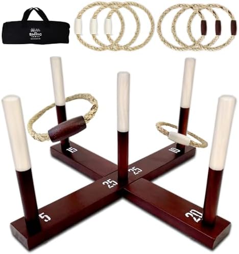 SWOOC Games - Rustic Ring Toss Game (All Weather) - Easy Setup & Extra Games Included - Ring Toss Game for Adults - Outdoor Games for Kids - Yard Games for Adults - Ring Hook Game - Game Room Games