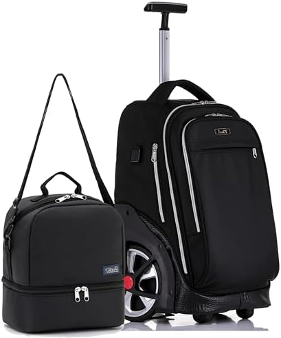 NEW TILAMI 19 Inch Rolling Backpack with Lunch Bags Wheeled Computer Laptop Backpack Bookbag Roller Travel Bag for Women Men, Black