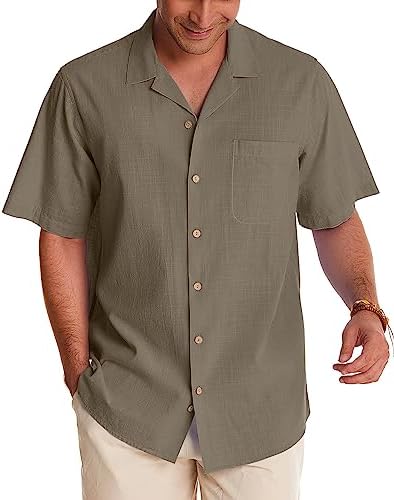 Alimens & Gentle Mens Linen Shirts Short Sleeve Button Down Shirts Cotton Summer Beach Cuban Shirts Vacation Hawaiian Shirts