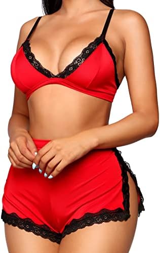 RSLOVE Sexy Pajamas for Women Soft Lingerie Set Lace Trim Sleepwear 2 piece Pjs Shorts Set