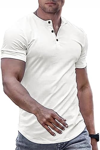 JMIERR Men's Muscle Slim Henley Shirts Crewneck Longline T-Shirt Gym Workout Athletic Shirt Tees with Button