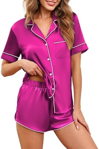 Ekouaer Womens Silk Satin Pajamas Set Short Sleeve Sleepwear Button Down Loungewear 2 Piece Pjs Shorts Set S-XXL