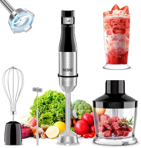 YASHE Immersion Blender Handheld, 5 in 1 Hand Blender, Continuously Variable Speed, Stainless Steel Blender Stick, Powerful Motor, Emulsion Blender with Chopper, Whisk and Milk Frother for Soups