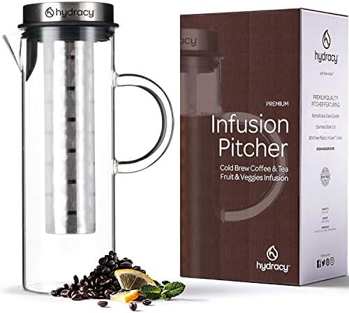 Cold Brew Coffee Maker - Large Glass Infusion Pitcher 1.6 Quarts 52oz - Iced Coffee & Iced Tea Pitcher with Stainless Steel Lid & Fruit Infusion Tube - Perfect for Home or Office