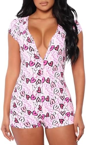 Women One Piece Bodycon Romper Pajamas Button V-neck Short Sleeve Bodysuit Jumpsuit Shorts Pjs Playsuit