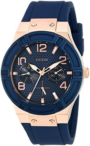 GUESS Women's Rose Gold-Tone Dial with Iconic Blue Stain Resistant Silicone Strap (Model: U0571L1)