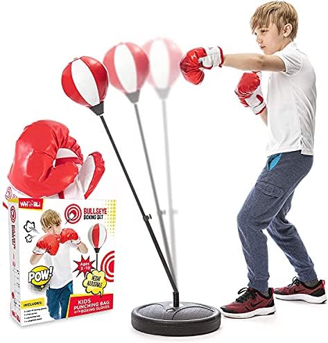 Whoobli Punching Bag for Kids Incl Boxing Gloves | 3-10 Years Old Adjustable Kids Punching Bag with Stand | Boxing Bag Set Toy for Boys & Girls (Red White); New 2025